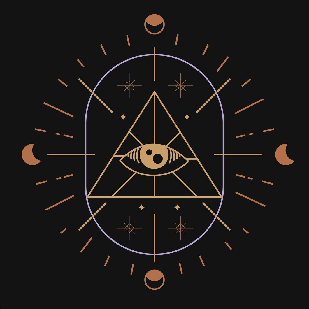 Illustrated all-seeing eye within a triangle, surrounded by moon phases and starbursts