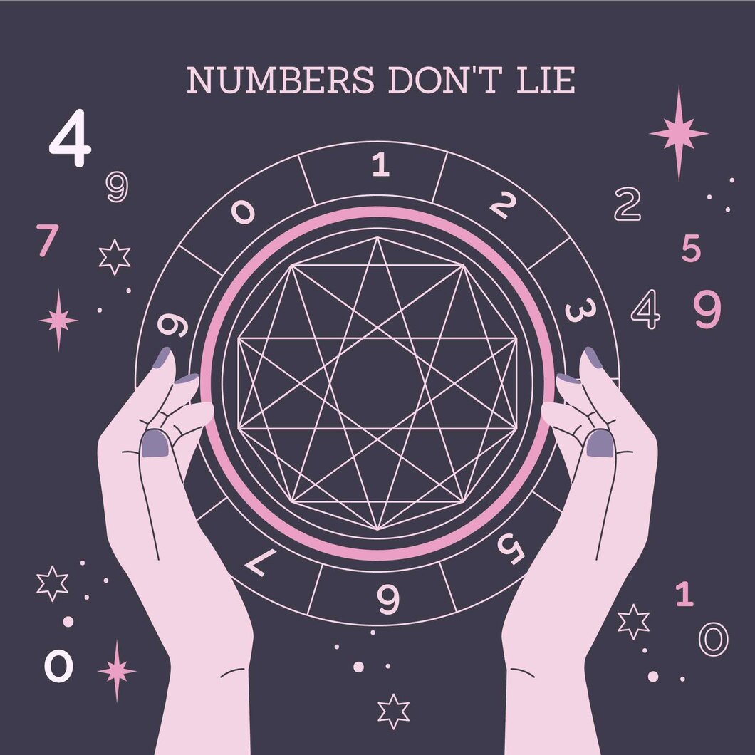 Illustration of two hands holding a glowing numerology wheel beneath the words Numbers Don't Lie