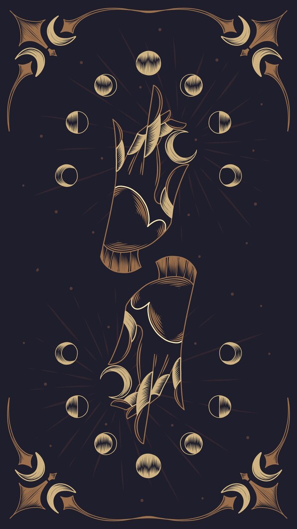 Hands holding tarot cards beneath a row of moon phases